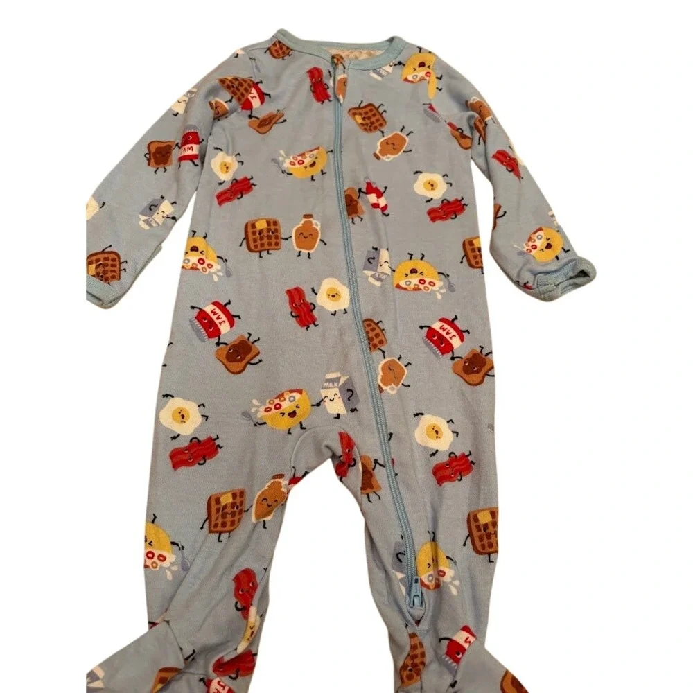 Wonder Nation Baby Boys Blue Breakfast Food Print Footed Sleeper Pajamas 0-3M